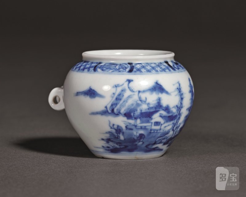 清康熙 “昼锦堂”款青花山水人物纹鸟食罐 - 图2
